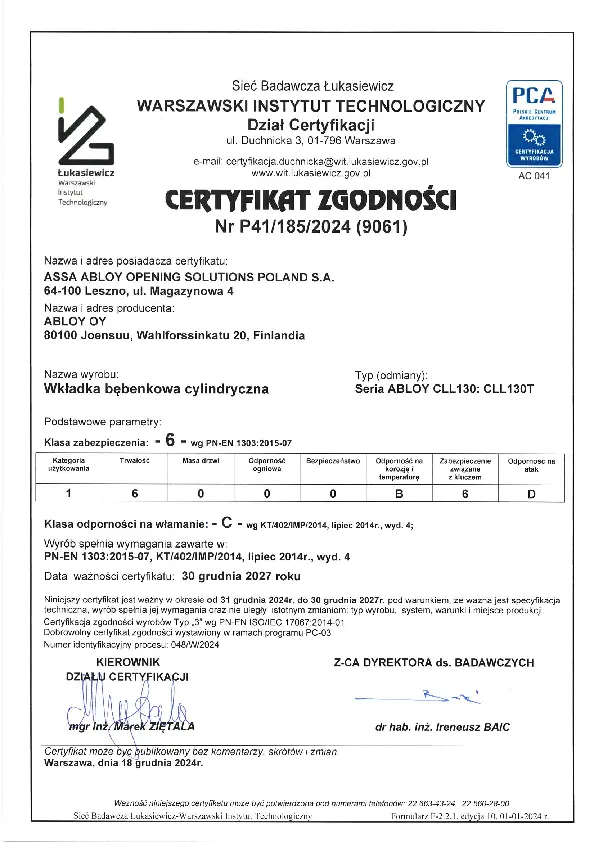 PL ABLOY Cert 2024 seria CLL 130_ CLL 130T